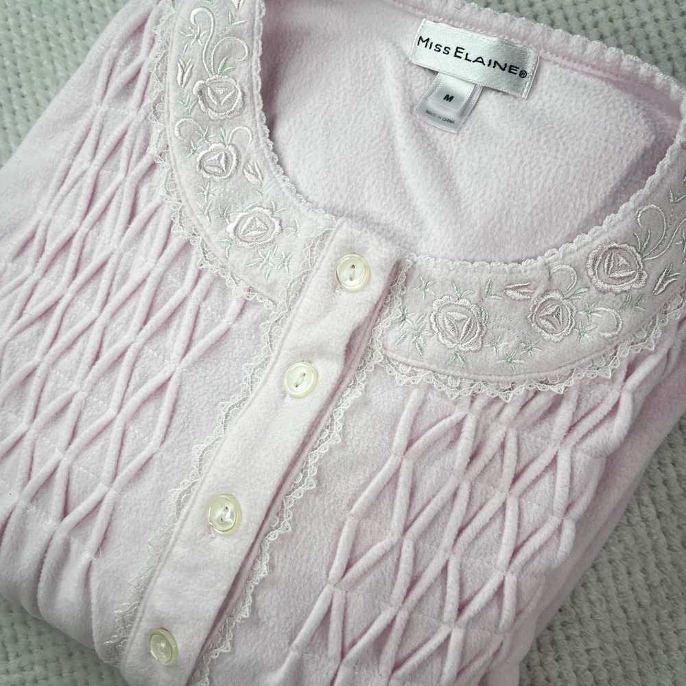 Miss Elaine Pink Fleece Nightgown Smocked Floral Embroidered Long Sleeve Medium